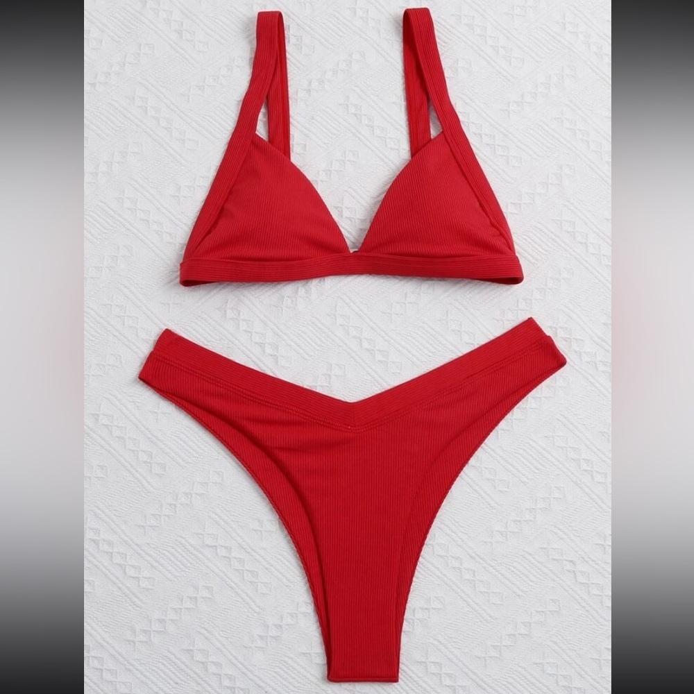 SHEIN Women’s High Cut Rib Triangle Top Padded Bikini Swimsuit - red, size M